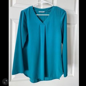 Cyan color long sleeve blouse with v neck